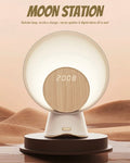 Moon Station smart bedside lamp with wireless charger, Bluetooth speaker, and alarm on wood panel