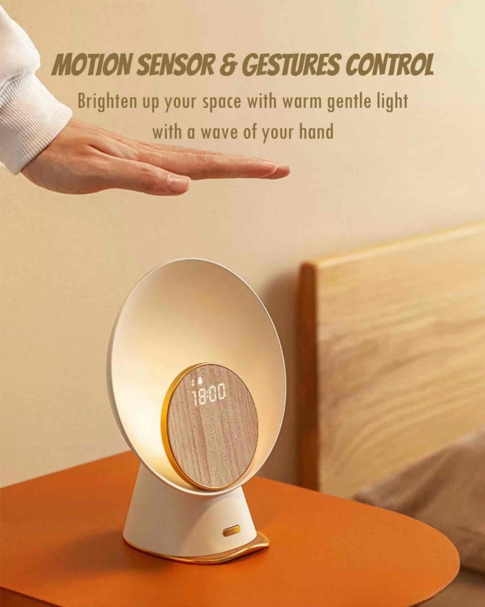 Moon Station smart bedside lamp with wireless charger, Bluetooth speaker, and alarm on wood panel — view 2