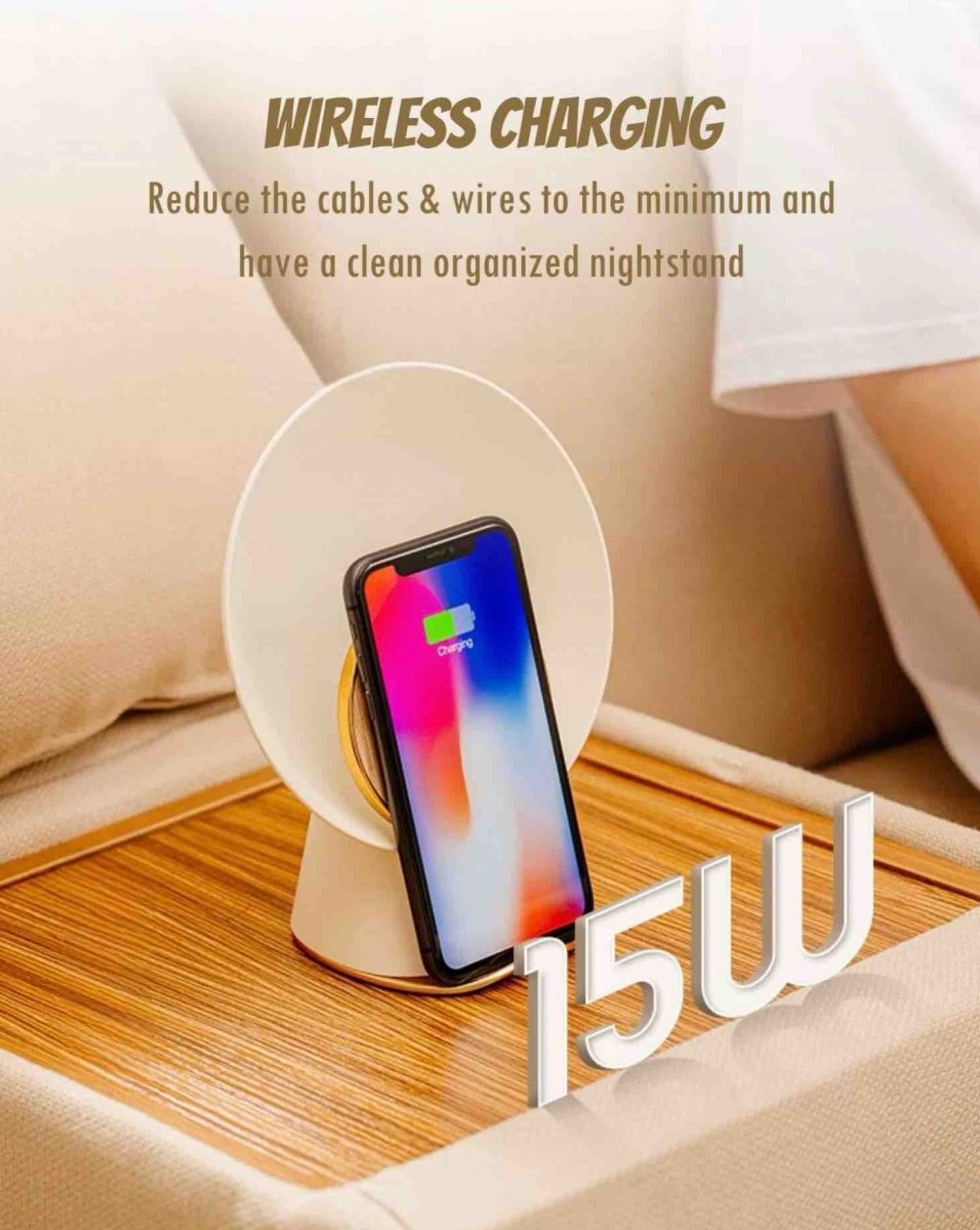 Moon Station smart bedside lamp with wireless charger, Bluetooth speaker, and alarm on wood panel — view 3