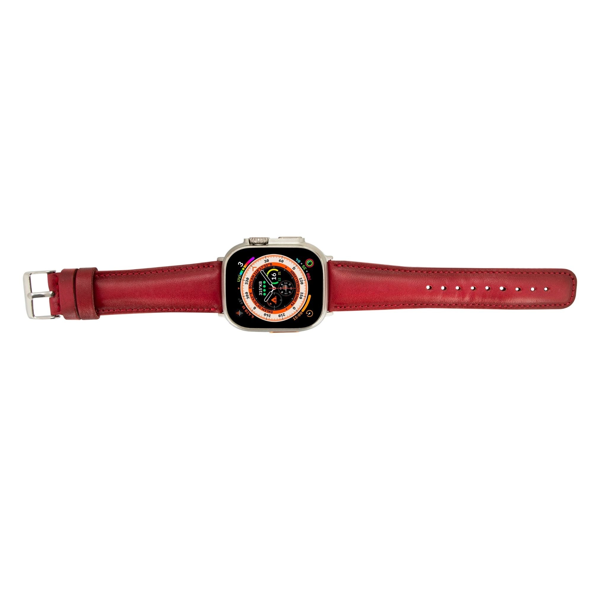 Moran genuine leather Apple Watch band attached to a smartwatch with classic metal hardware — view 3