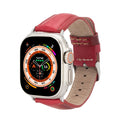 Moran genuine leather Apple Watch band attached to a smartwatch with classic metal hardware