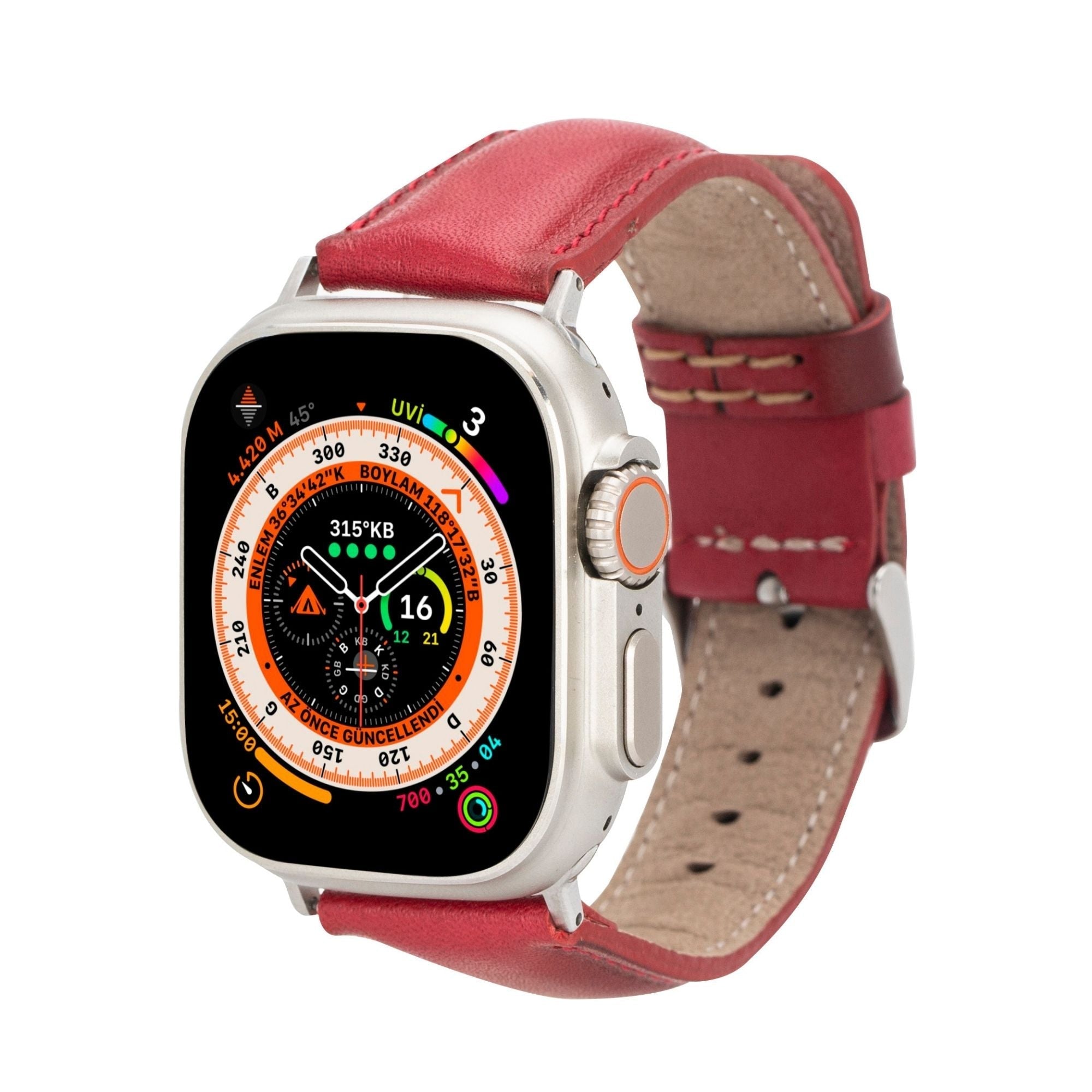 Moran genuine leather Apple Watch band attached to a smartwatch with classic metal hardware