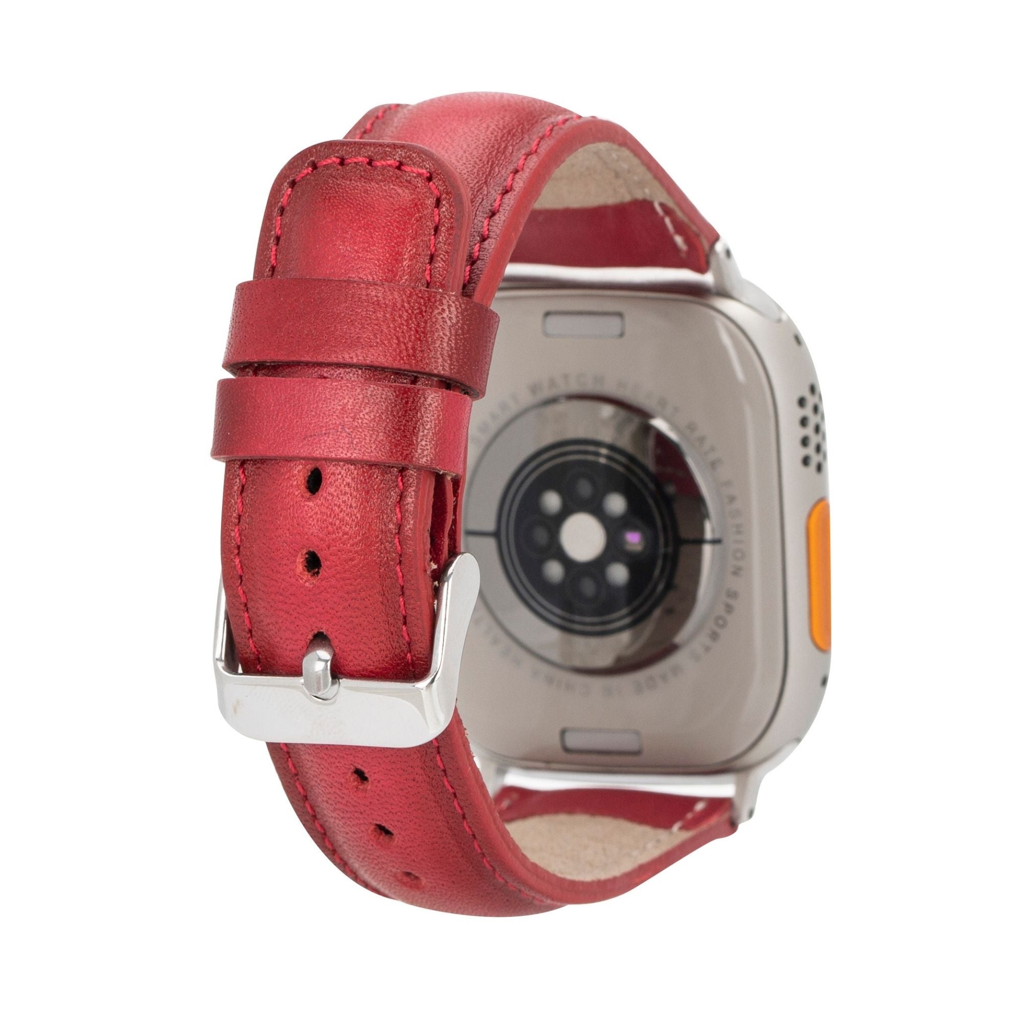Moran genuine leather Apple Watch band attached to a smartwatch with classic metal hardware — view 2