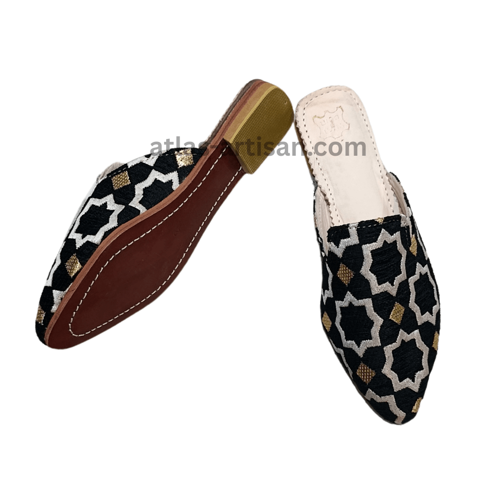 Handcrafted premium leather Moroccan Tamghra slippers featuring a thick cushioned sole and intricate forged design — view 5