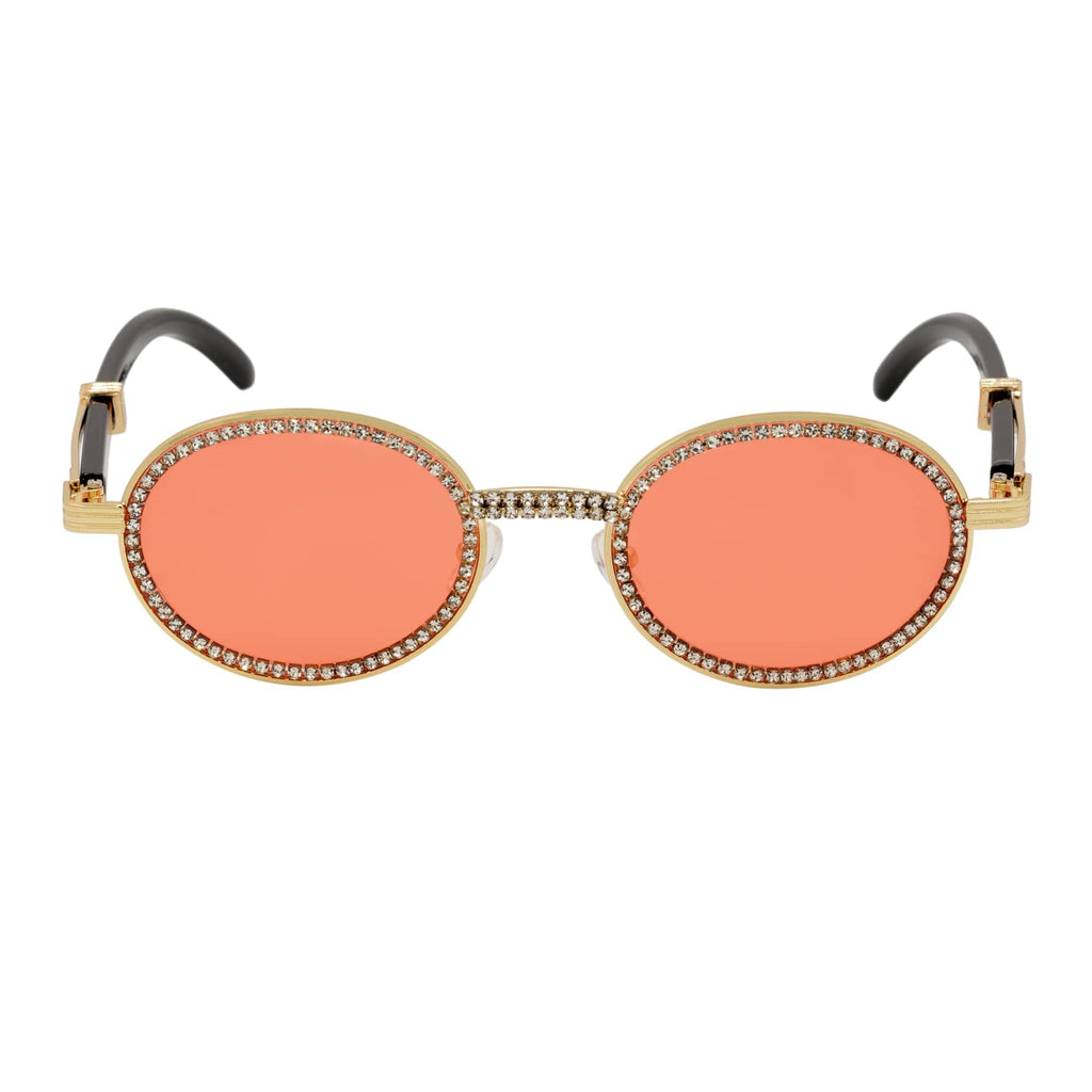 BLING ONE - Rhinestone Round Metal Oval Sunglasses Gold Red-2
