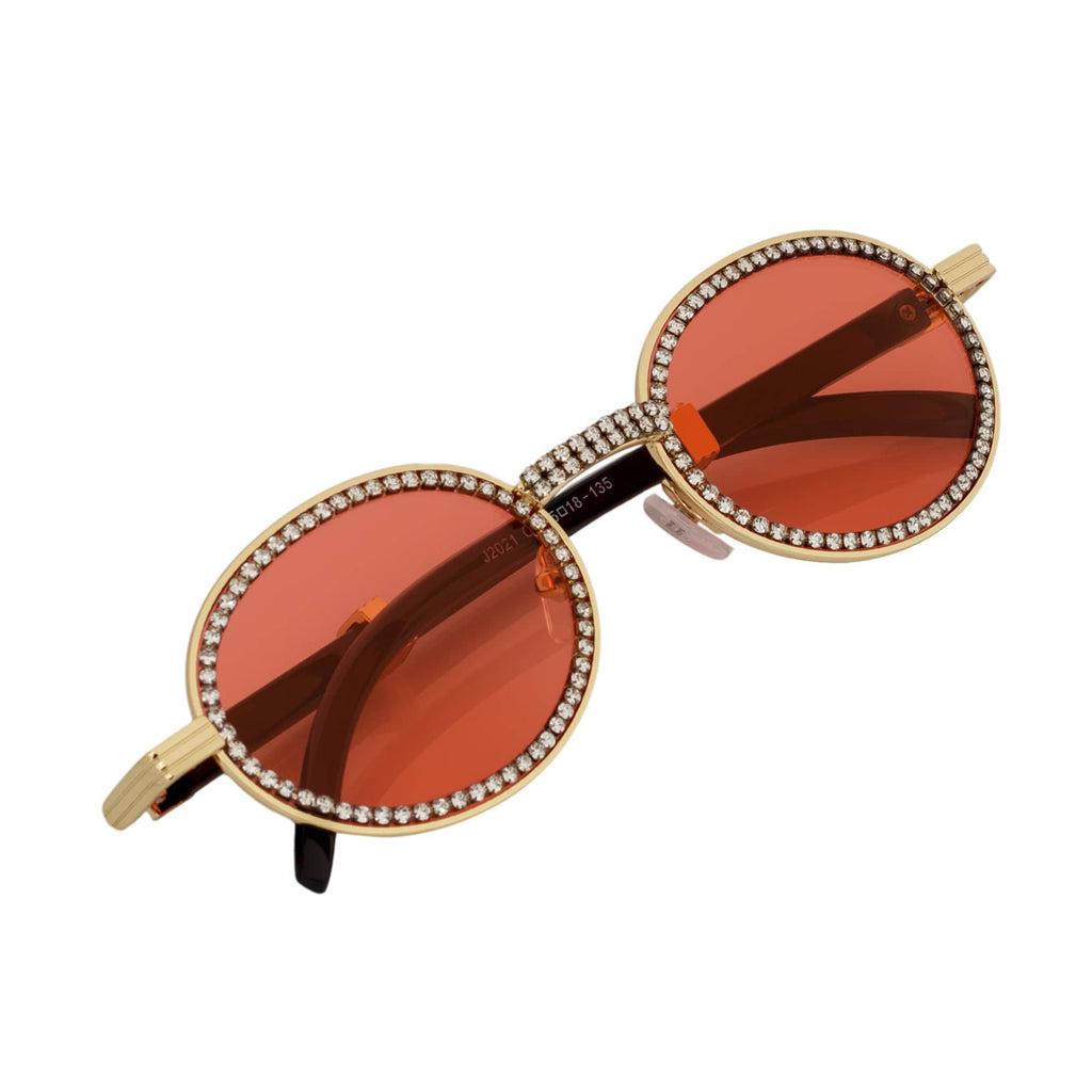 BLING ONE - Rhinestone Round Metal Oval Sunglasses Gold Red-3
