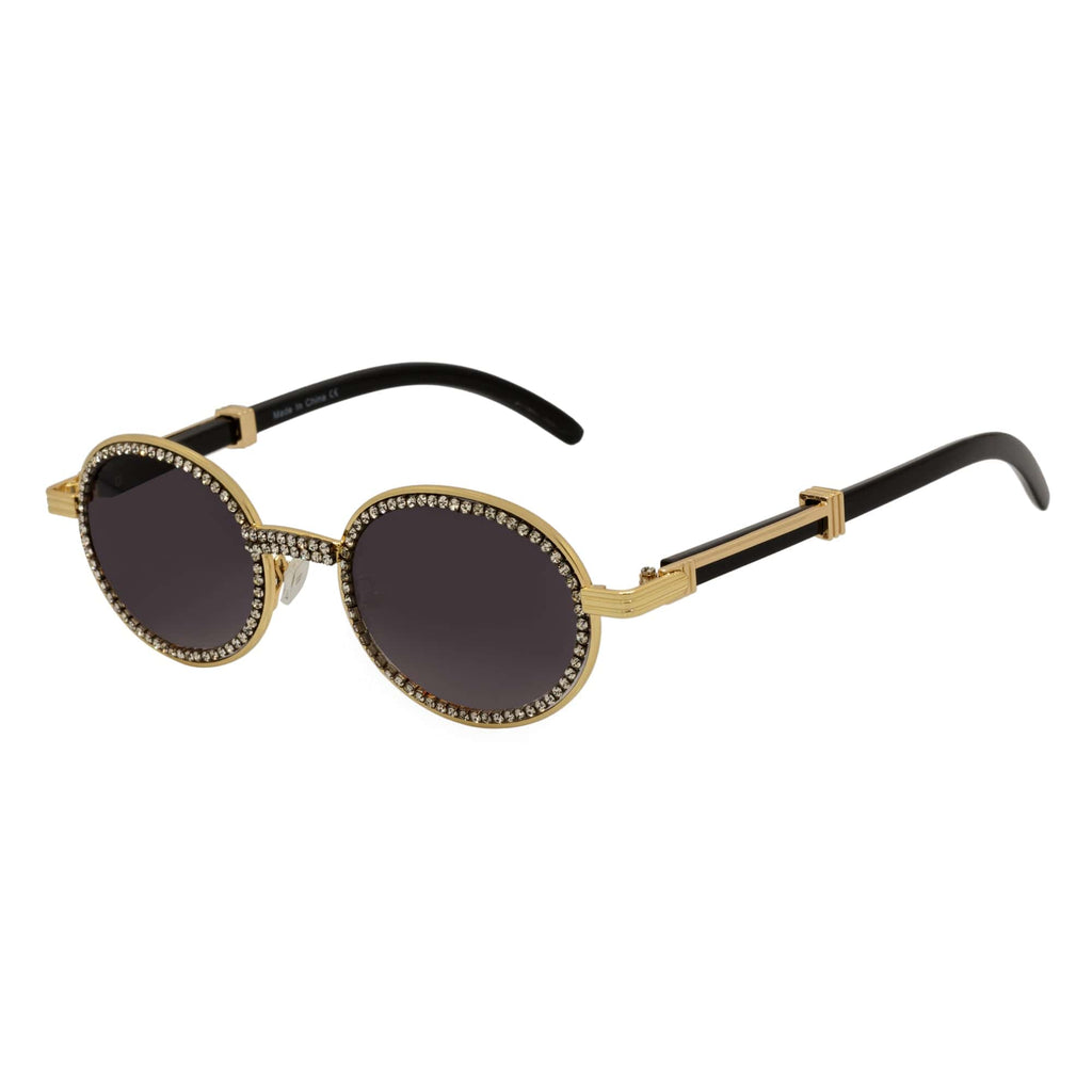 BLING ONE - Rhinestone Round Metal Oval Sunglasses Gold Smoke-1