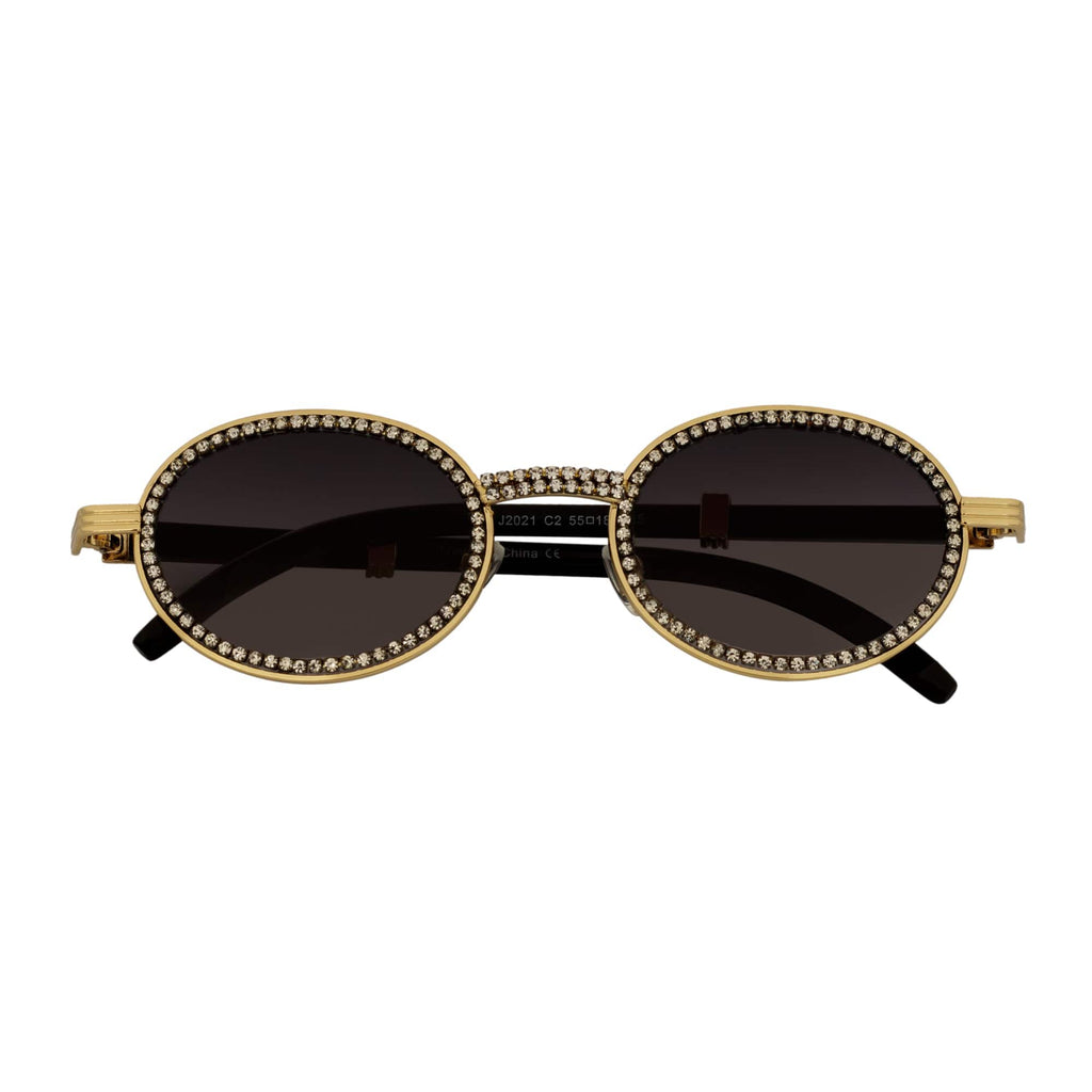 BLING ONE - Rhinestone Round Metal Oval Sunglasses Gold Smoke-0