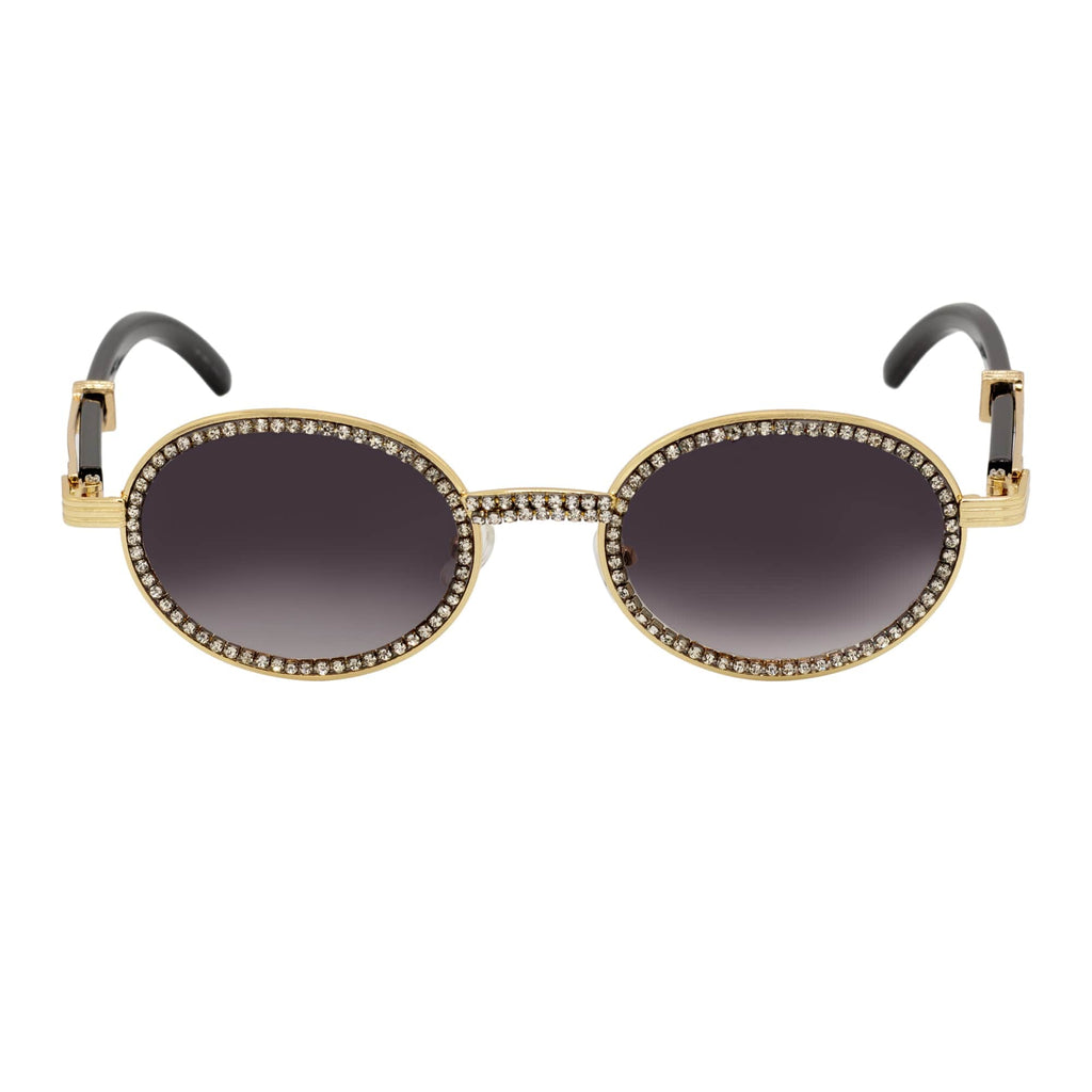 BLING ONE - Rhinestone Round Metal Oval Sunglasses Gold Smoke-2