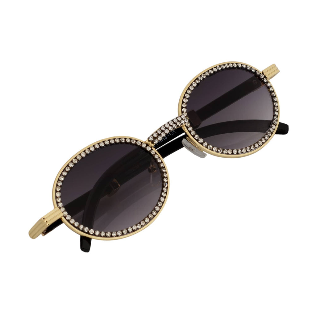 BLING ONE - Rhinestone Round Metal Oval Sunglasses Gold Smoke-3