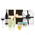 Luxury red wine hamper gift box with bath robe, shiraz bottle, hand cream, and gourmet cookies