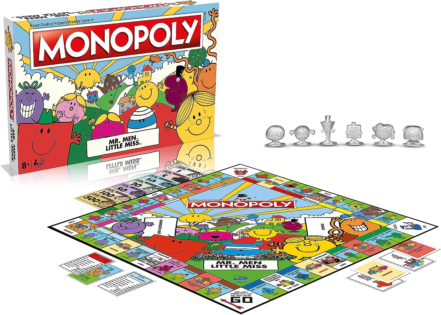 Monopoly Mr Men and Little Miss boardgame with colourful game board, cards, and custom character tokens — view 2