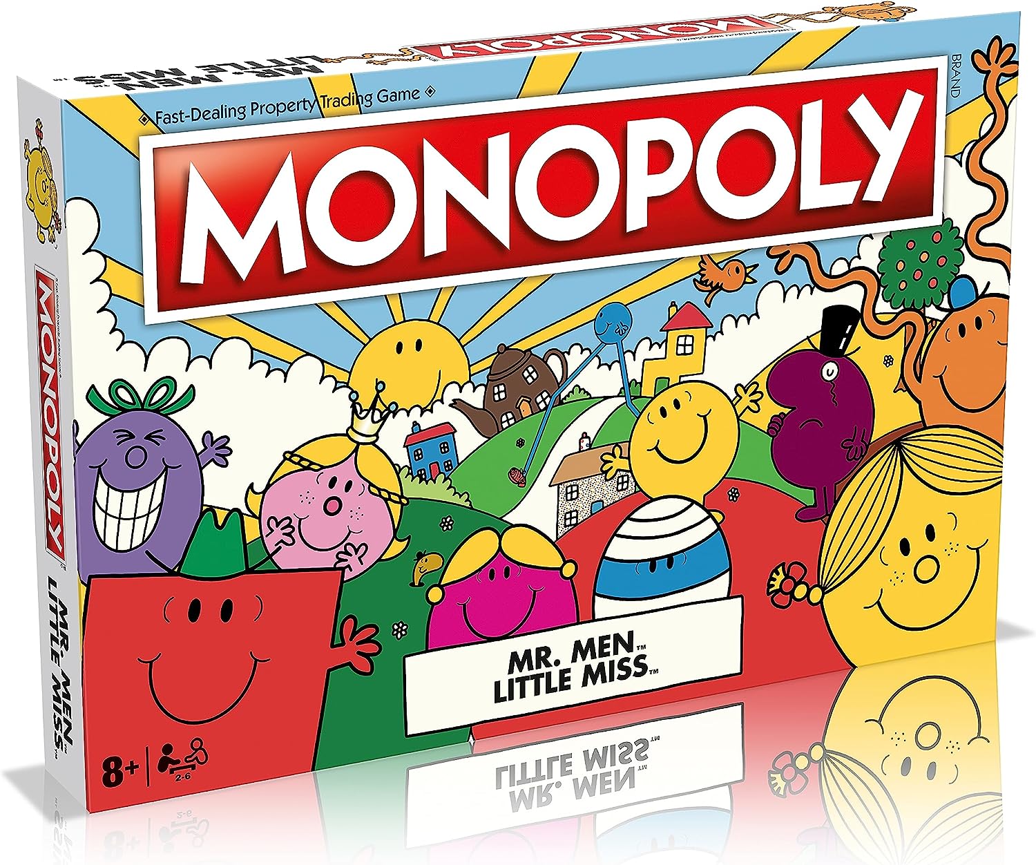 Monopoly Mr Men and Little Miss boardgame with colourful game board, cards, and custom character tokens