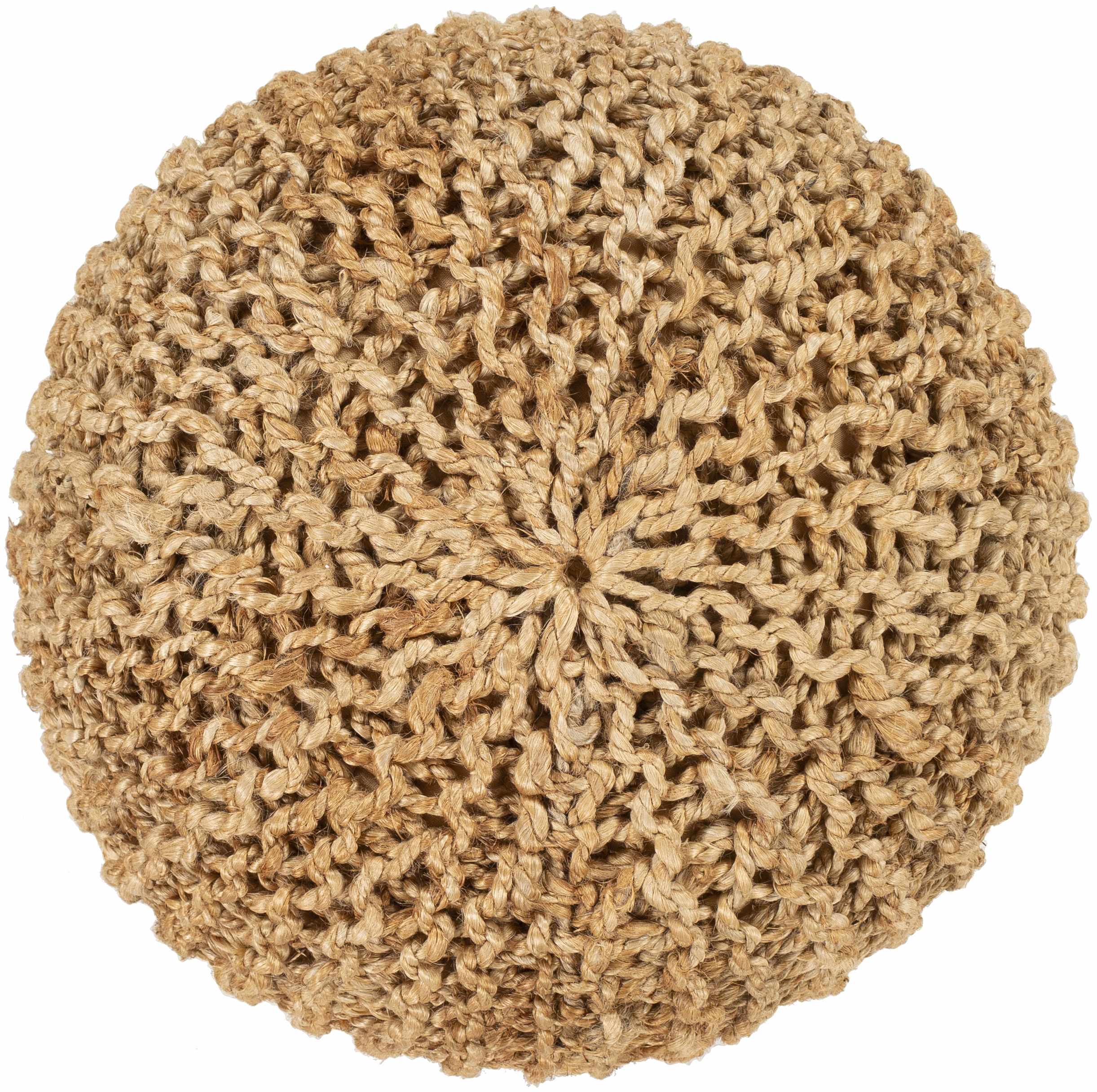 Tan hand-knitted natural jute floor pouf ottoman for rustic living room seating and decor. — view 3