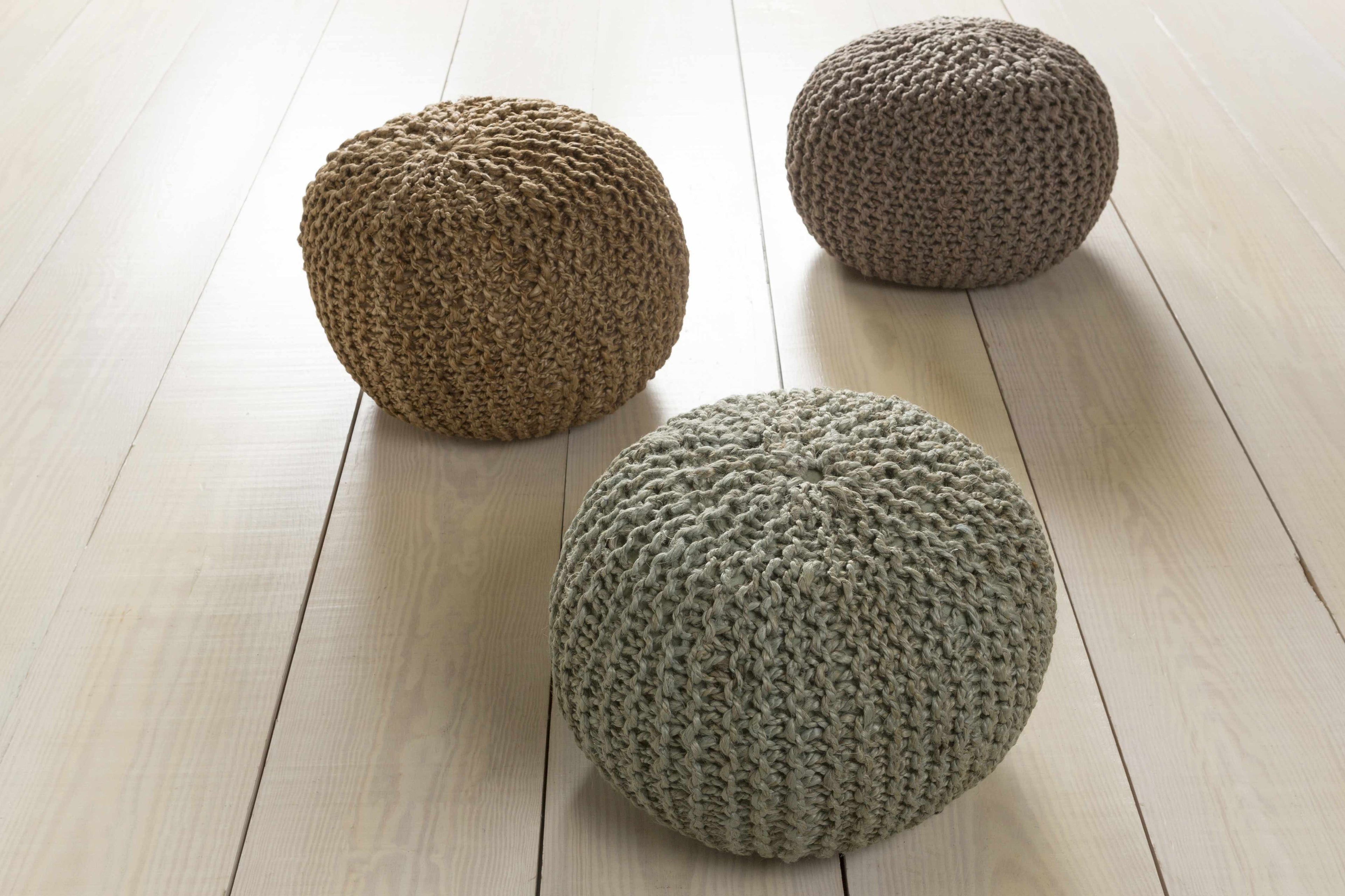 Tan hand-knitted natural jute floor pouf ottoman for rustic living room seating and decor. — view 5