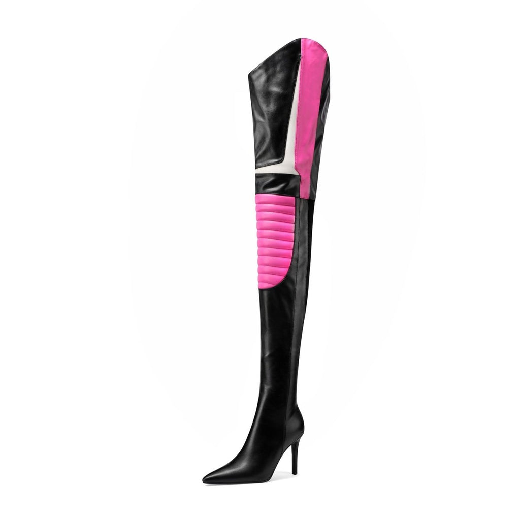 Multi color thigh high stiletto boots with ribbed coil knee panels and sharp pointed toe — view 4
