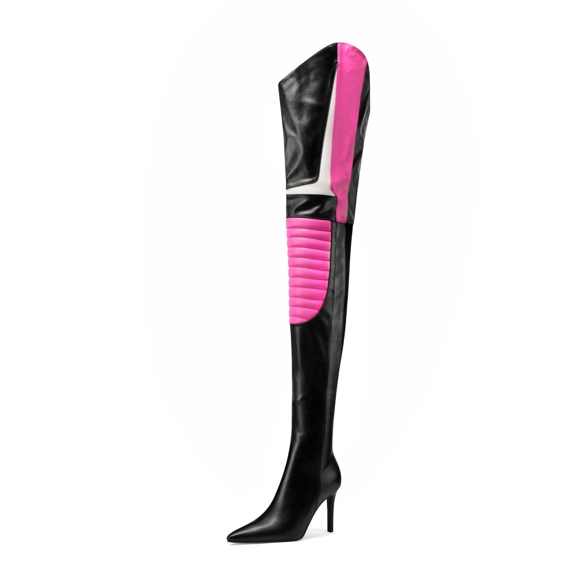 Multi color thigh high stiletto boots with ribbed coil knee panels and sharp pointed toe — view 4