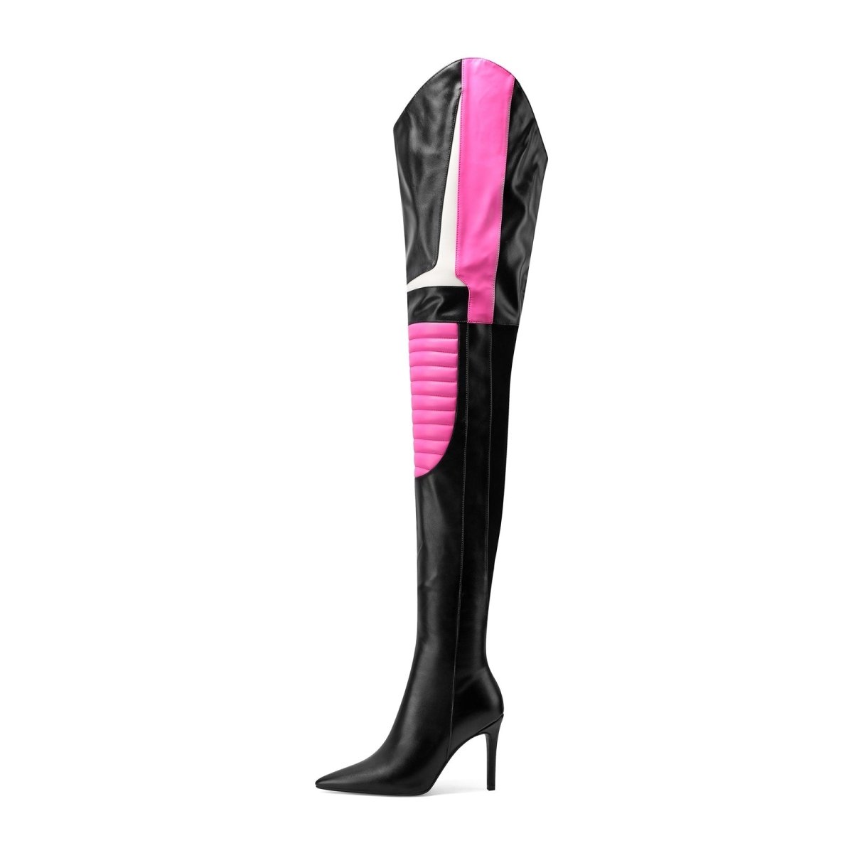 Multi color thigh high stiletto boots with ribbed coil knee panels and sharp pointed toe — view 3