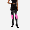 Multi color thigh high stiletto boots with ribbed coil knee panels and sharp pointed toe