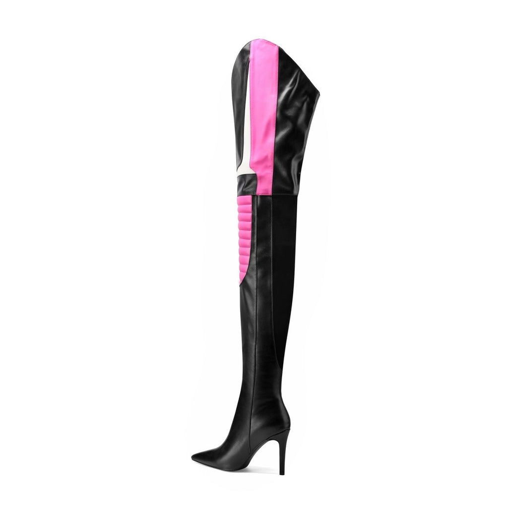 Multi color thigh high stiletto boots with ribbed coil knee panels and sharp pointed toe — view 5