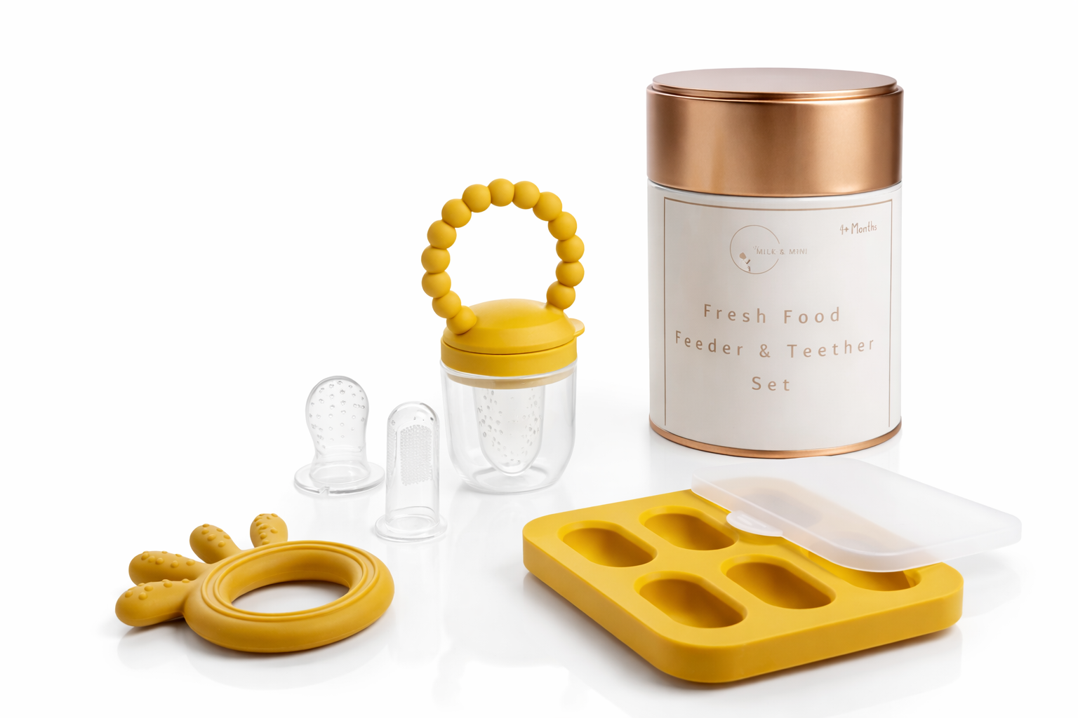 Silicone baby feeder teether toothbrush set with multi-compartment freezer tray and keepsake storage tin — view 3