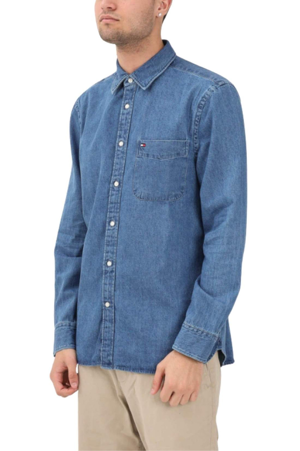Men's medium wash cotton denim shirt with long sleeves, front pocket, and button fastening — view 5