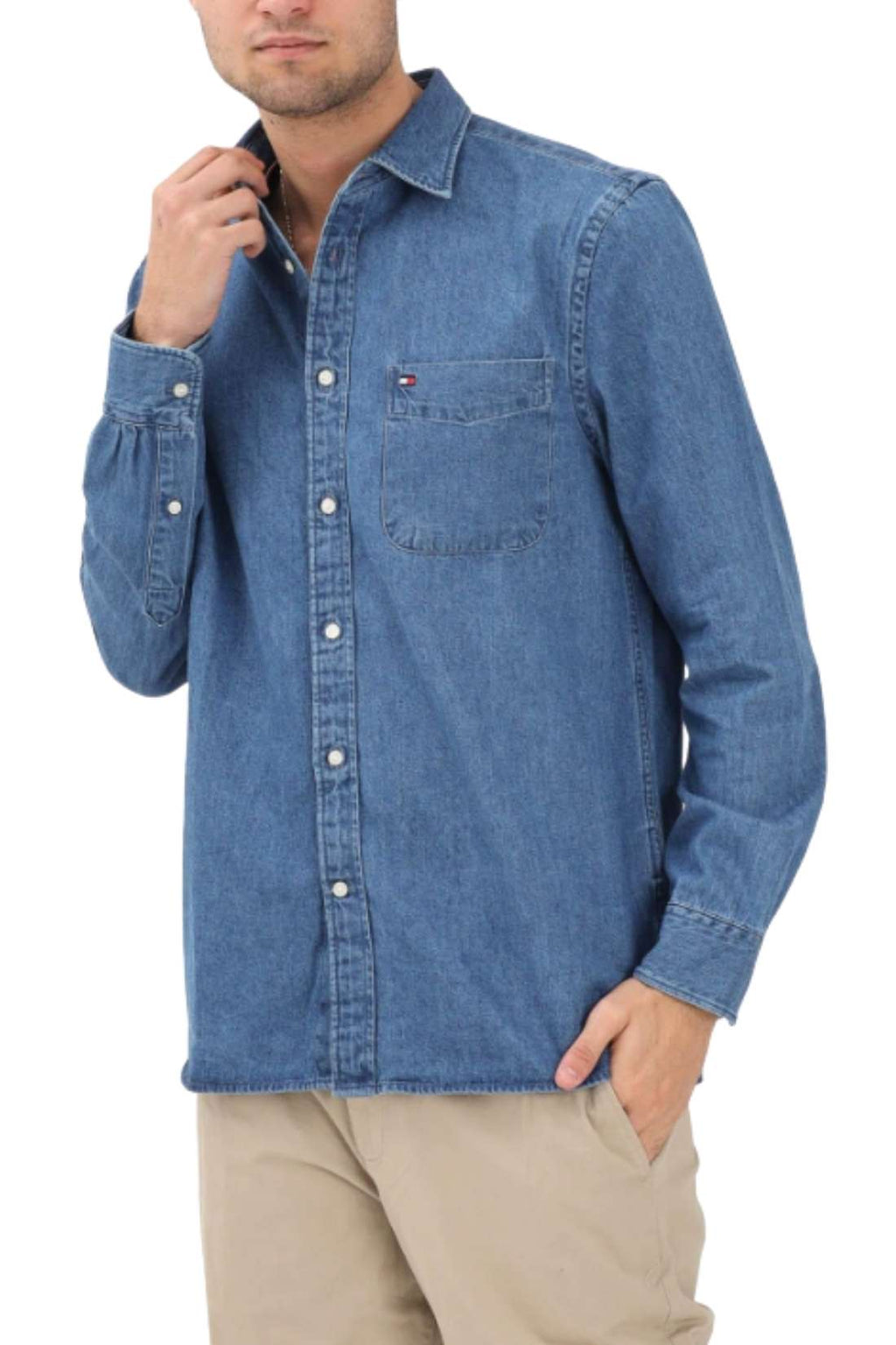 Men's medium wash cotton denim shirt with long sleeves, front pocket, and button fastening — view 7