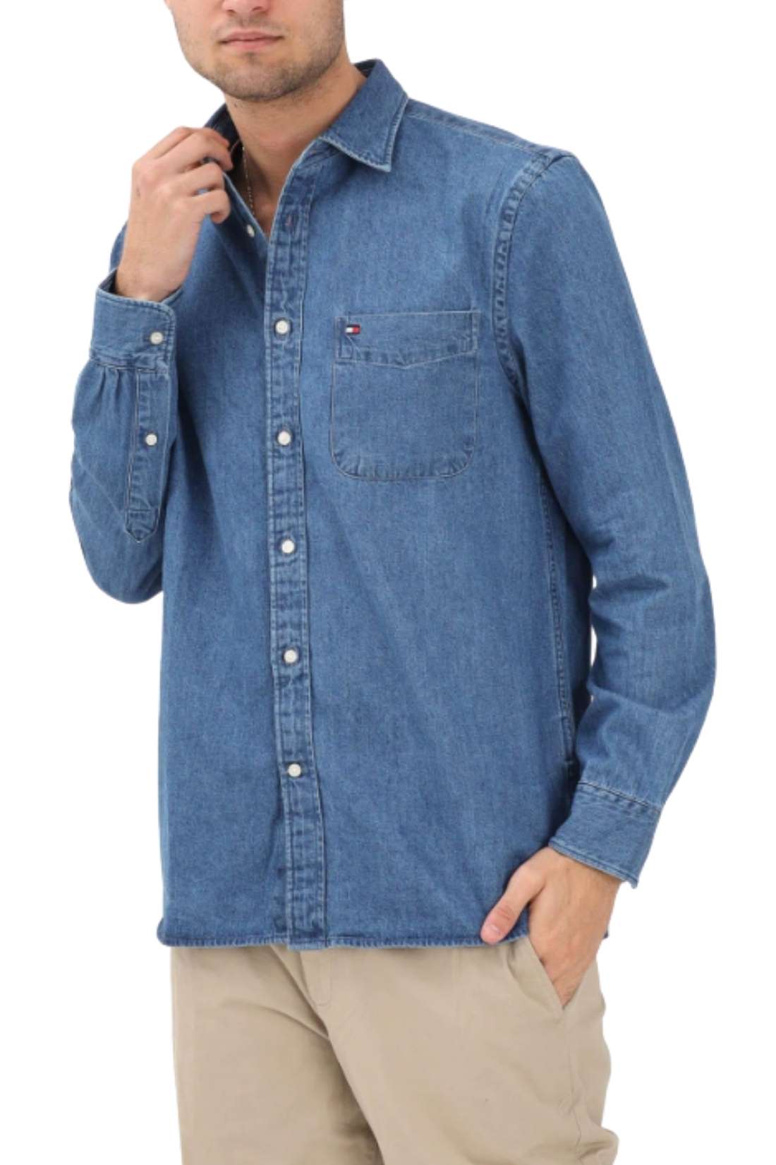 Men's medium wash cotton denim shirt with long sleeves, front pocket, and button fastening — view 7