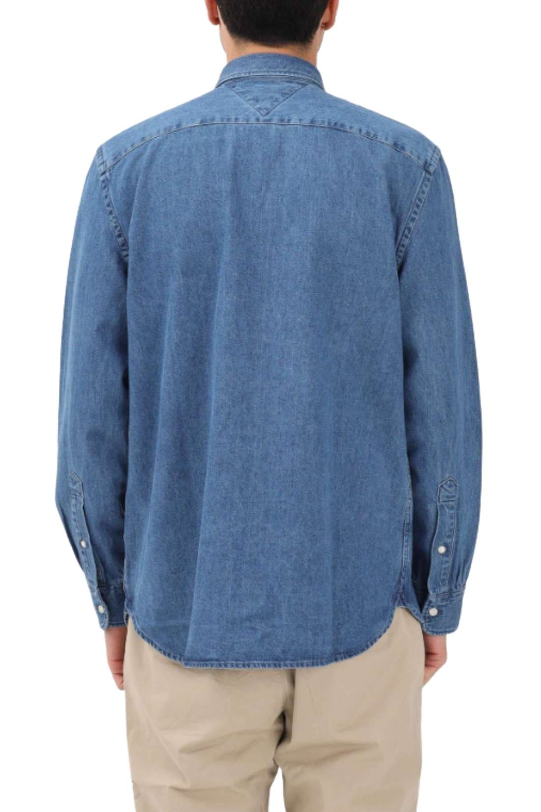 Men's medium wash cotton denim shirt with long sleeves, front pocket, and button fastening — view 9