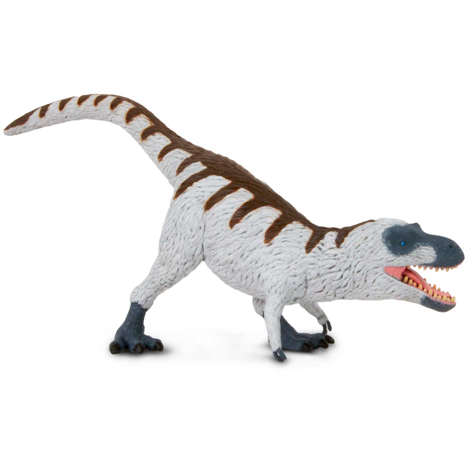 Nanuqsaurus toy dinosaur figure with white feathers and blue-gray skin in a dynamic standing pose