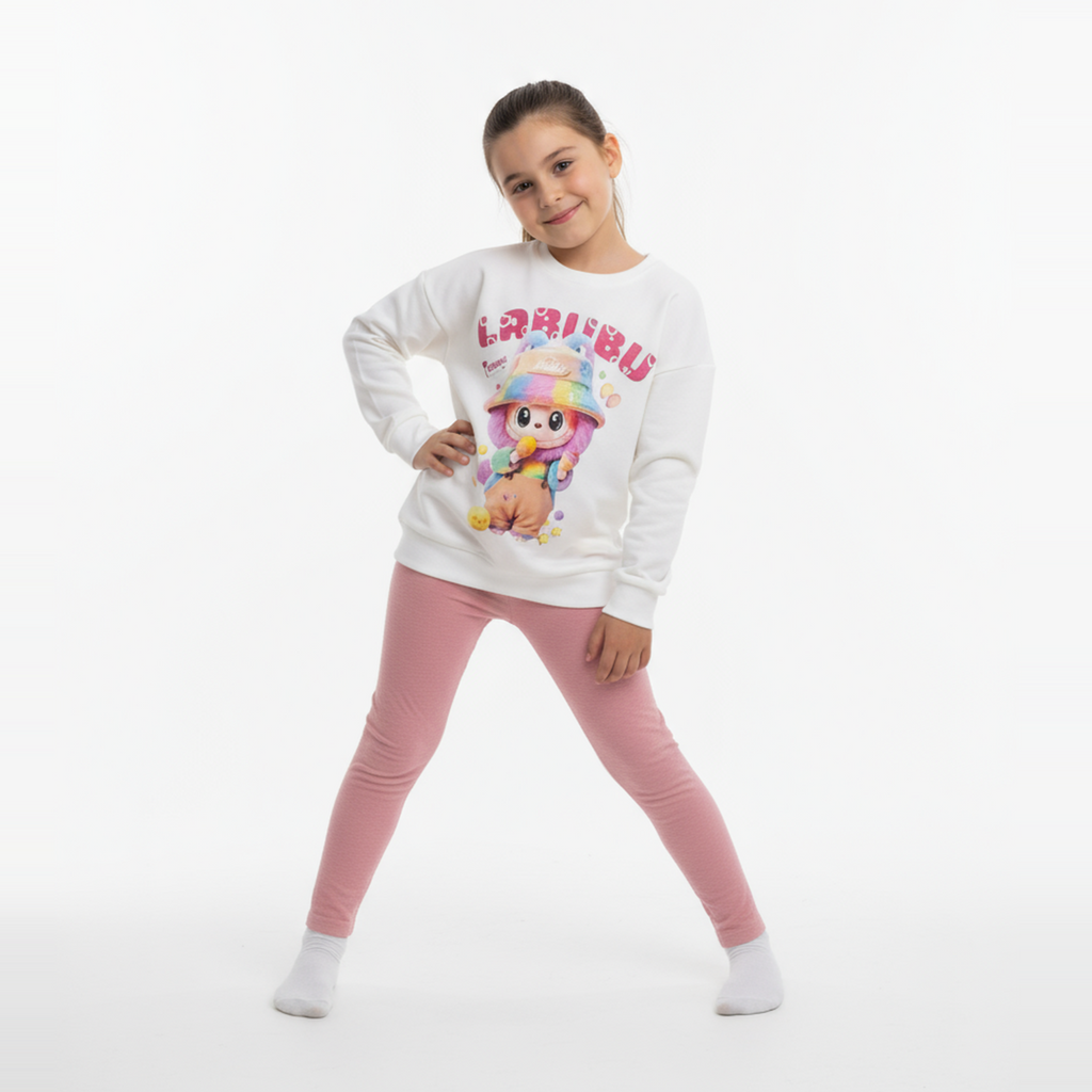White girls sweatshirt with colorful La-Bu-Bu character print and fitted lilac cotton leggings. — view 3