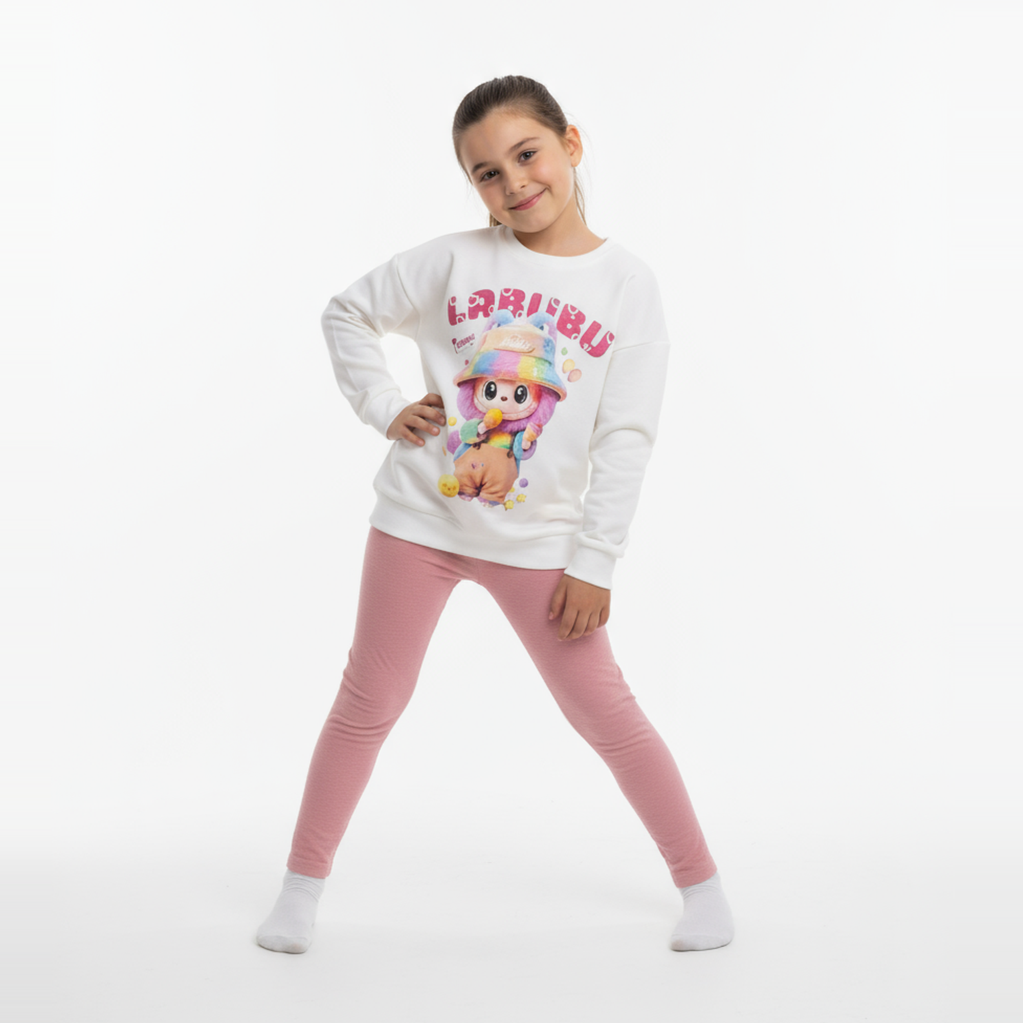 White girls sweatshirt with colorful La-Bu-Bu character print and fitted lilac cotton leggings. — view 3