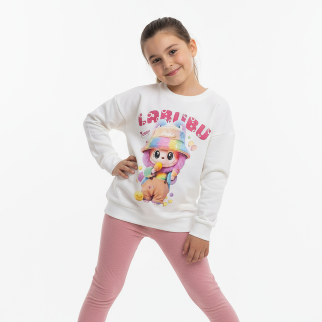 White girls sweatshirt with colorful La-Bu-Bu character print and fitted lilac cotton leggings. — view 5