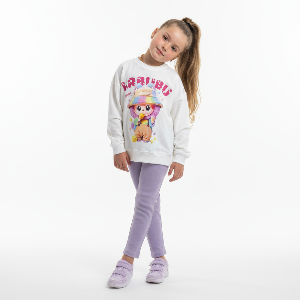 White girls sweatshirt with colorful La-Bu-Bu character print and fitted lilac cotton leggings.