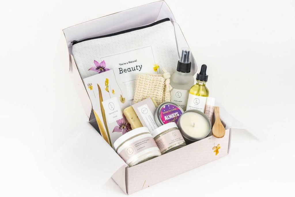All natural lavender spa gift box with scrub soap oil mist candle and mask in premium packaging