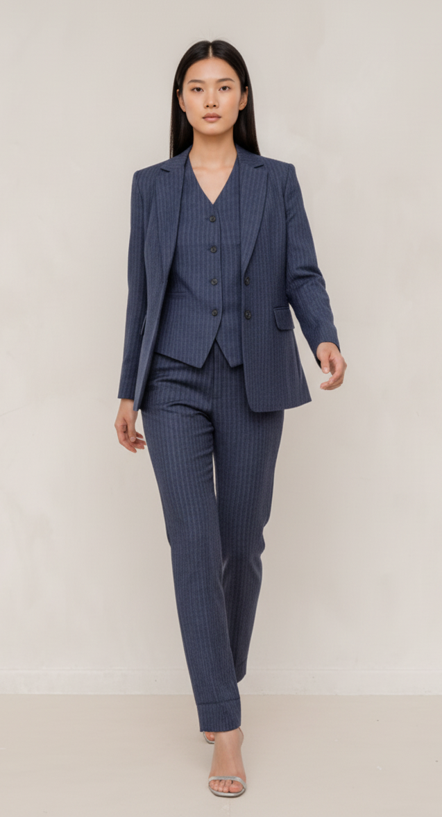 Navy blue stripped 3-piece pants suits (UK size 12)-0