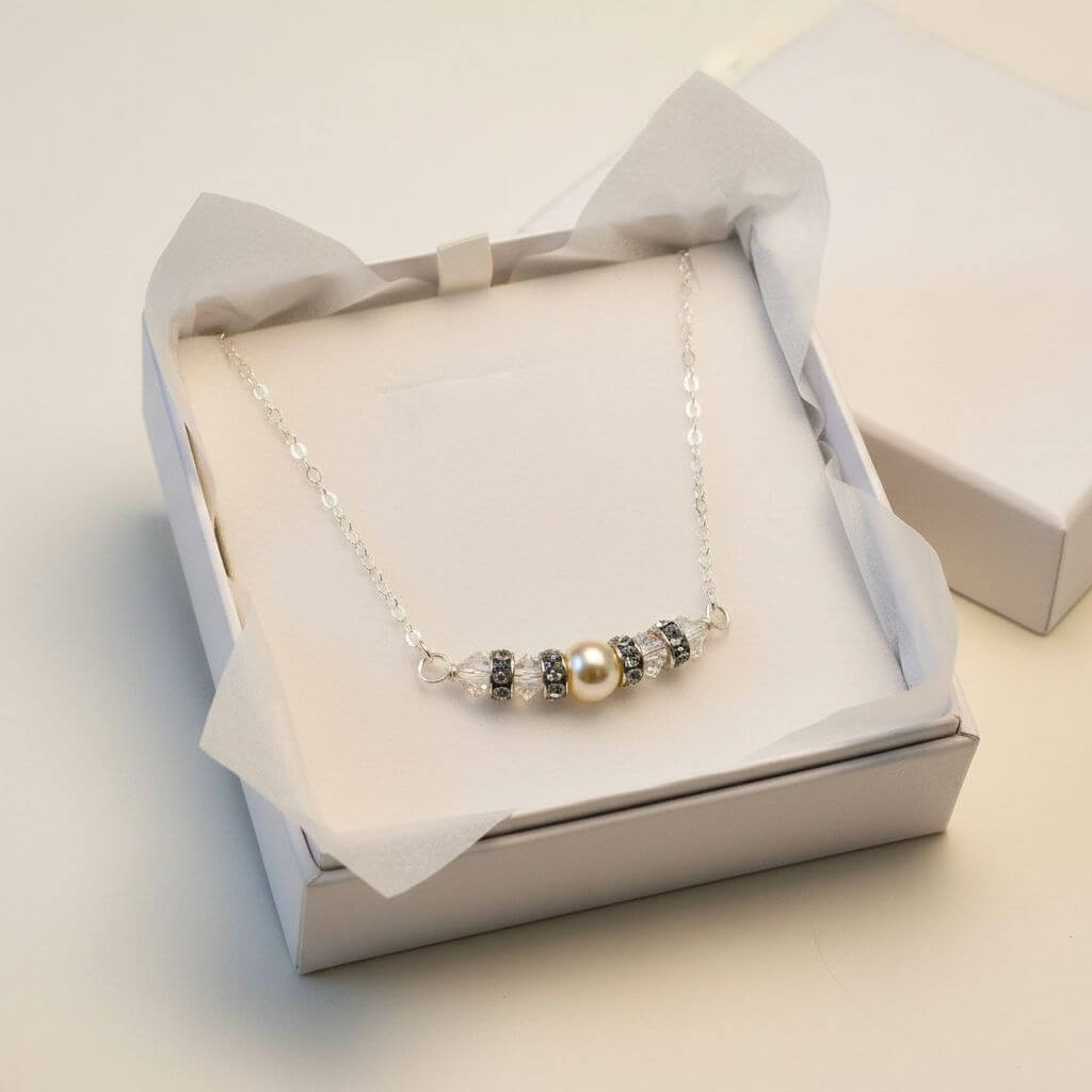 Silver Swarovski Crystal Pearl Bar Bridal Necklace-3