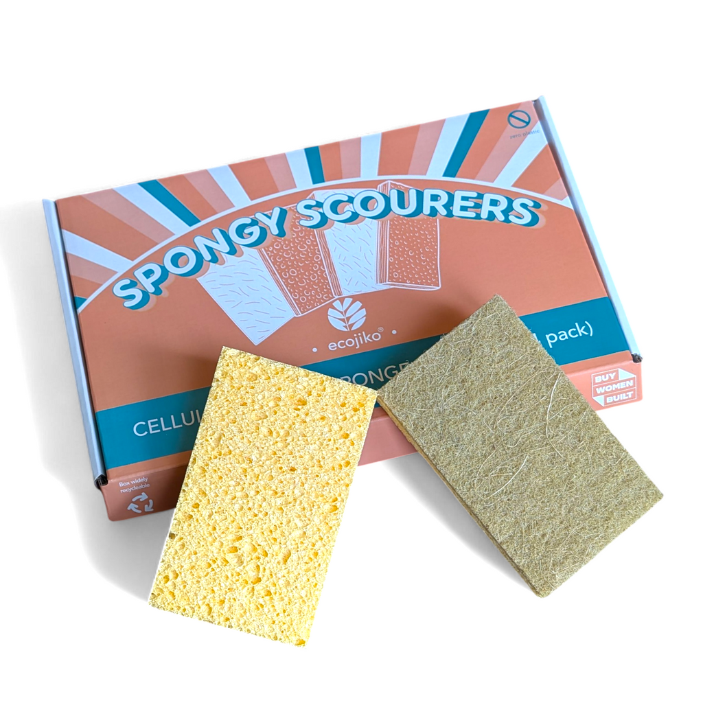 Four pack of natural sisal and cellulose eco sponge scourers in a recyclable cardboard box