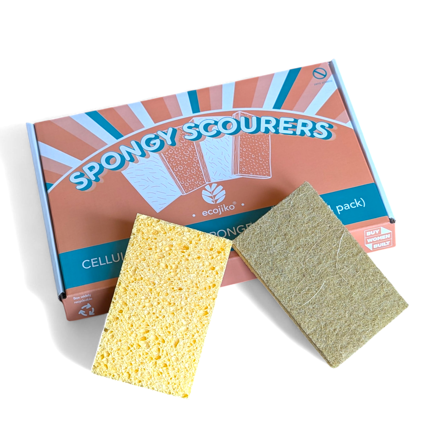 Four pack of natural sisal and cellulose eco sponge scourers in a recyclable cardboard box