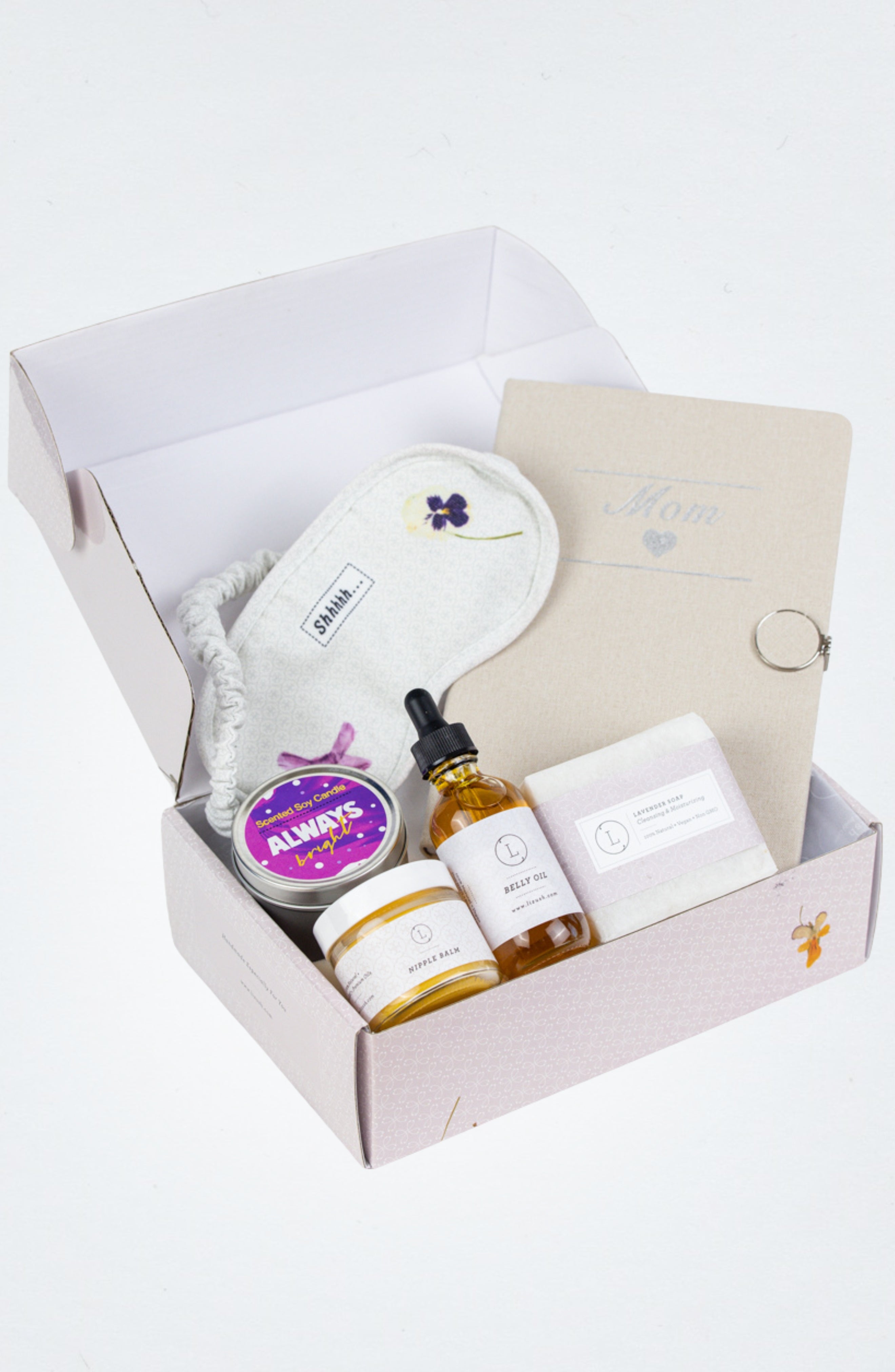 Natural pregnancy gift box with belly oil, lavender soap, journal, and cotton eye mask — view 2