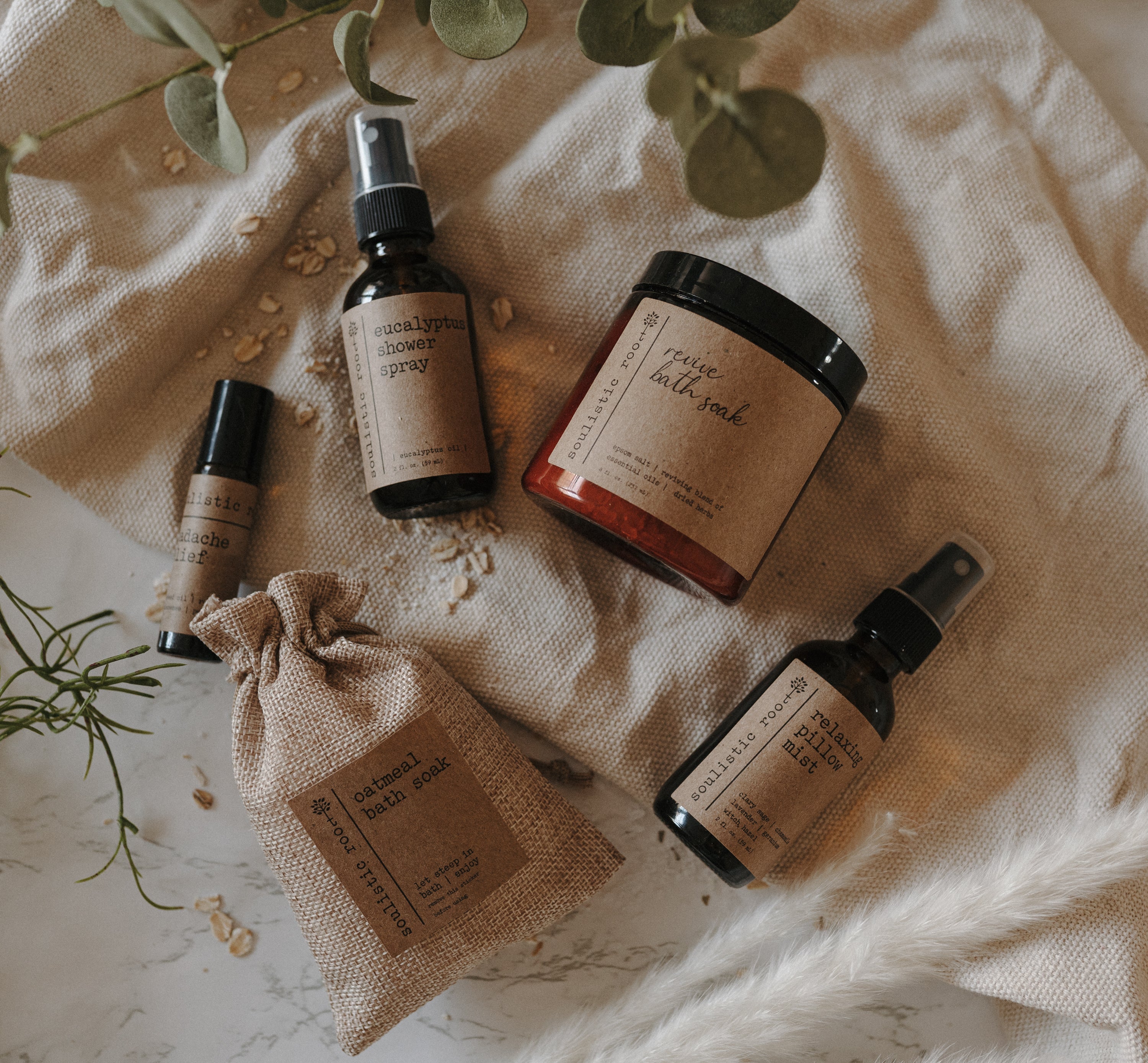 Spa gift set with eucalyptus spray, pillow mist, headache roller, and lavender oatmeal bath soaks — view 3