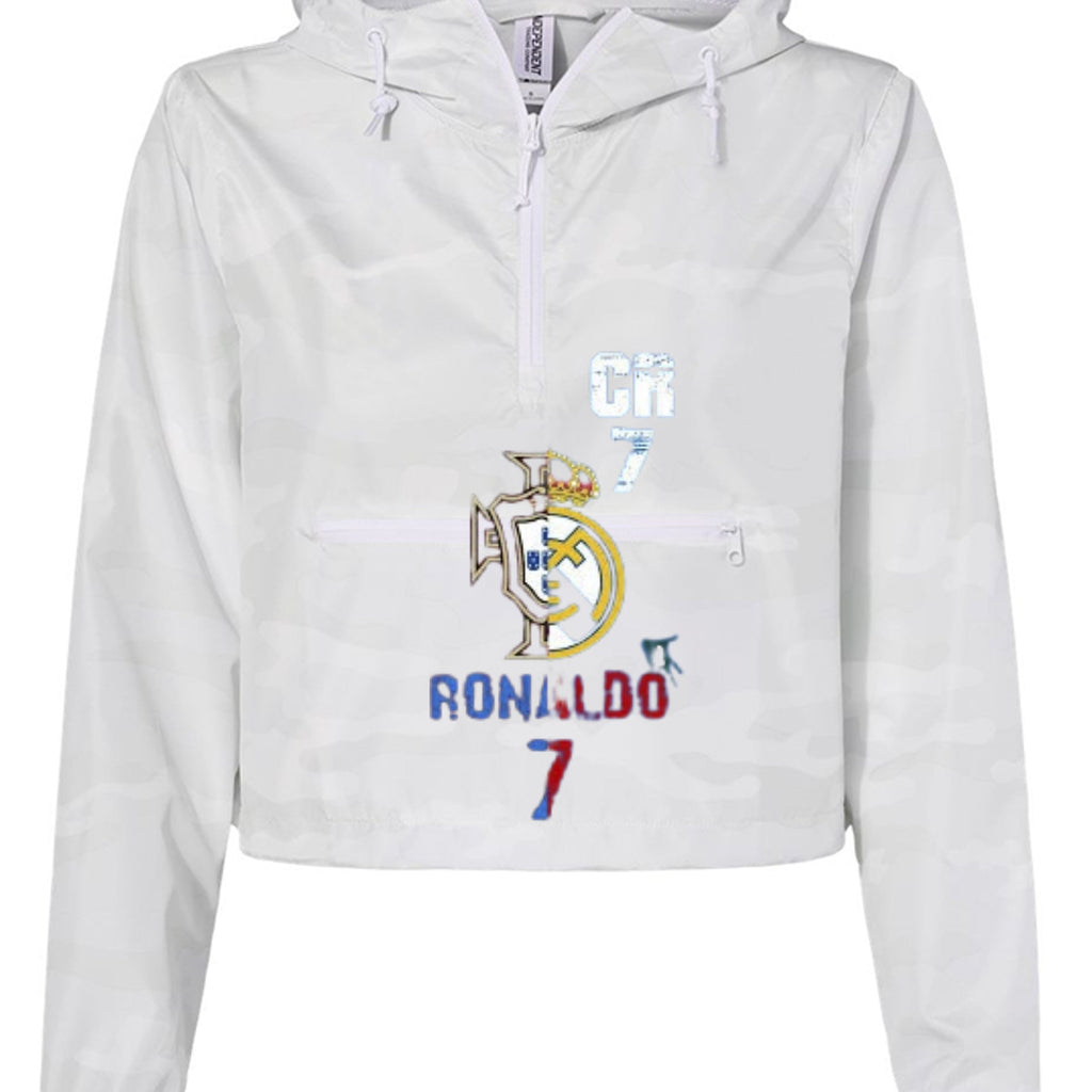 Women's pullover crop windbreaker in lightweight polyester with half zipper and breathable mesh lined hood