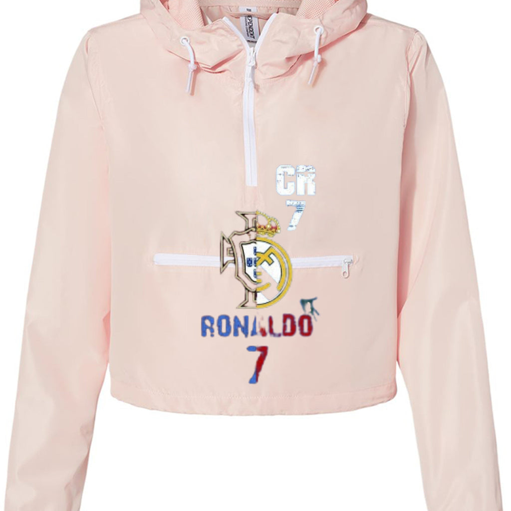 Women's pullover crop windbreaker in lightweight polyester with half zipper and breathable mesh lined hood — view 3