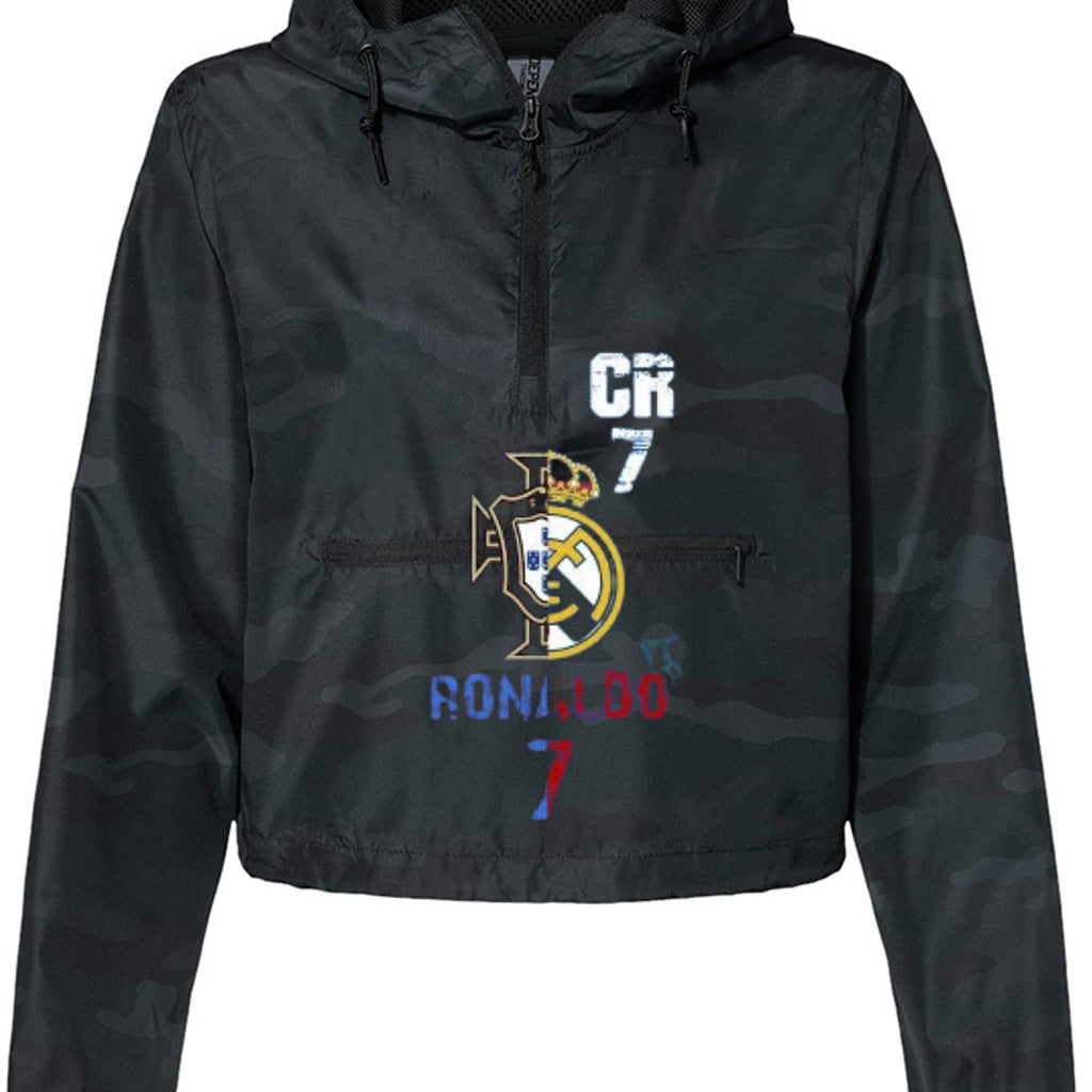 Women's pullover crop windbreaker in lightweight polyester with half zipper and breathable mesh lined hood — view 5