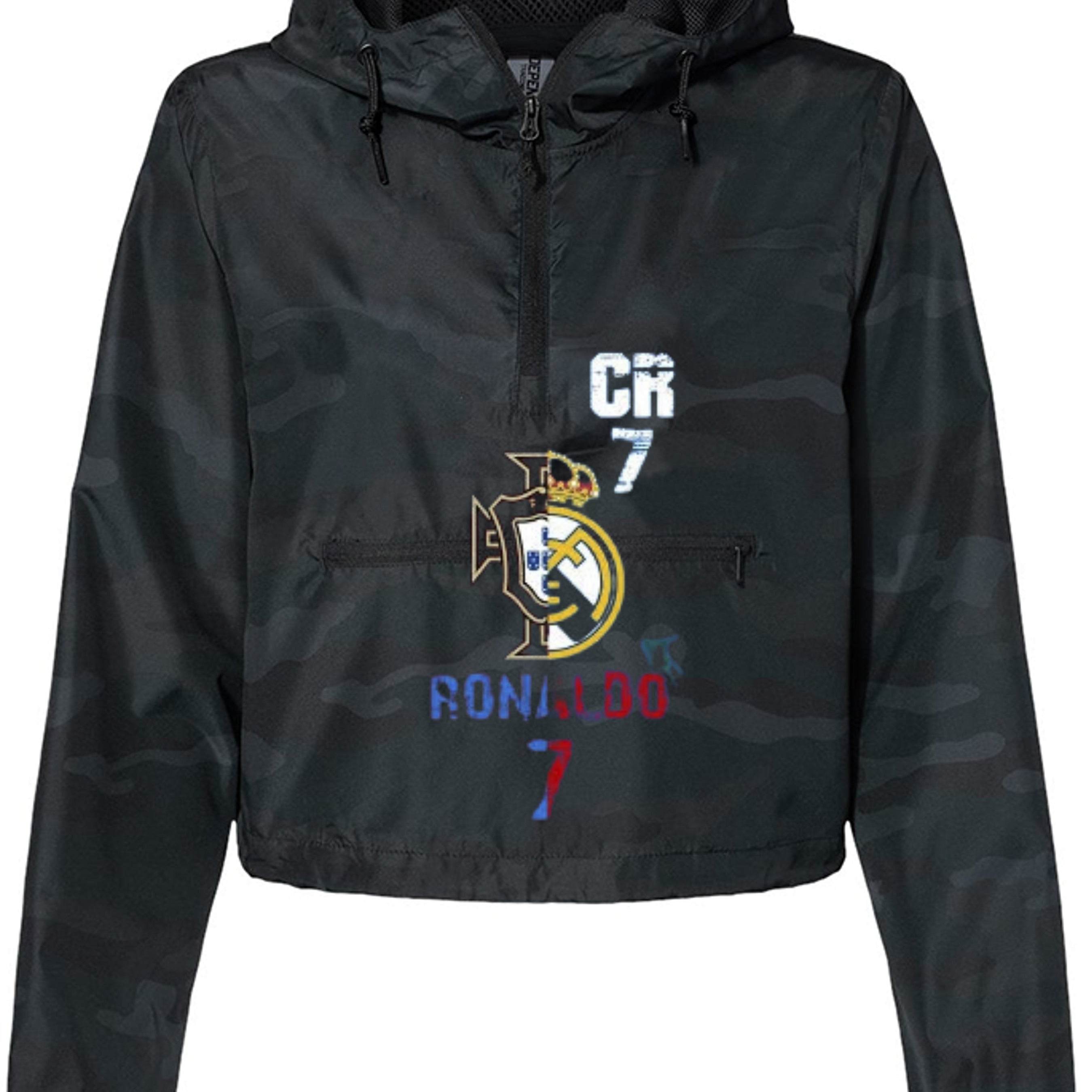 Women's pullover crop windbreaker in lightweight polyester with half zipper and breathable mesh lined hood — view 5