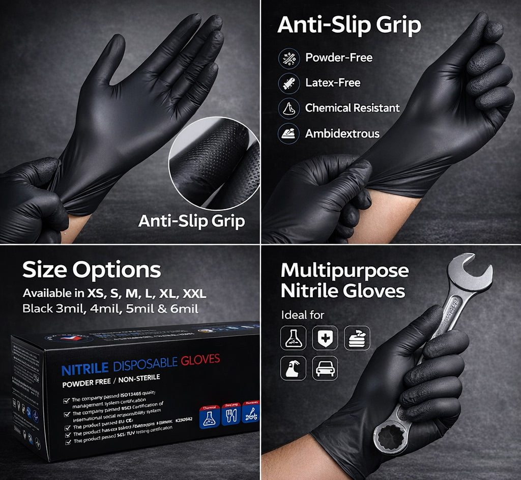 Black Nitrile Disposable Gloves – Powder Free, Latex Free, Heavy Duty Industrial & Food Safe Gloves 100 PCs-2