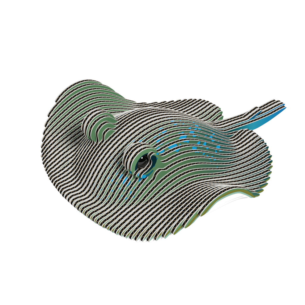 Stingray 3D puzzle built from eco-friendly biodegradable cardboard on a display stand — view 2