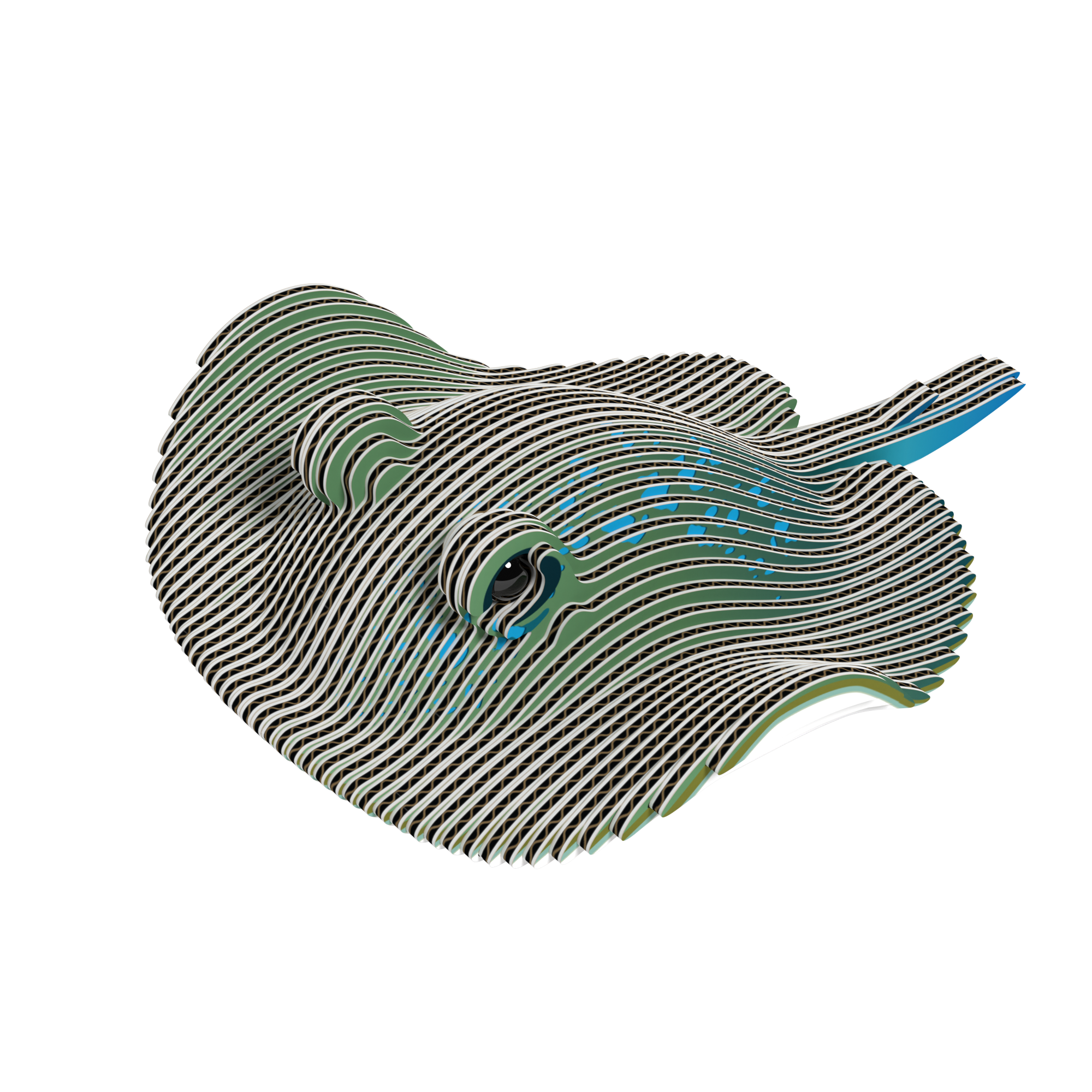 Stingray 3D puzzle built from eco-friendly biodegradable cardboard on a display stand — view 2