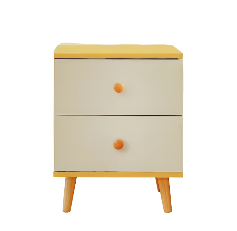 White and pine wooden bedside cabinet with two drawers and solid sturdy farmhouse legs — view 2