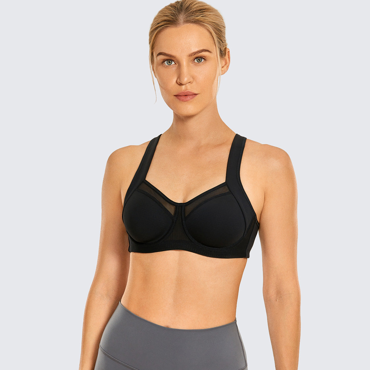 No bounce high support women's running bra featuring breathable mesh fabric and adjustable convertible straps.